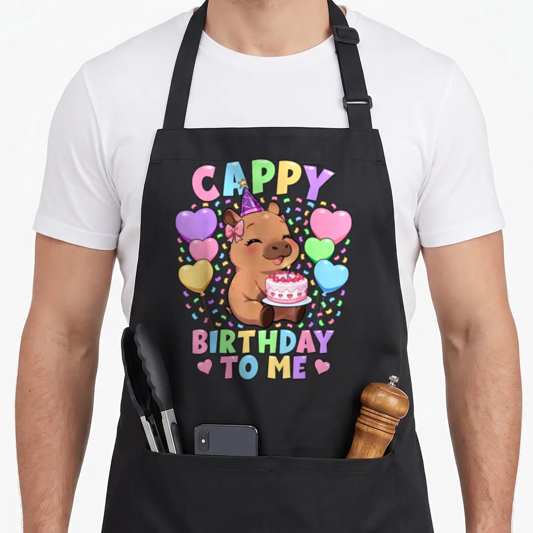 Cappy kawaii apron - Brown capybara holding cake with CAPPY BIRTHDAY TO ME text and colorful balloons — shown on a black cotton canvas apron against a white background