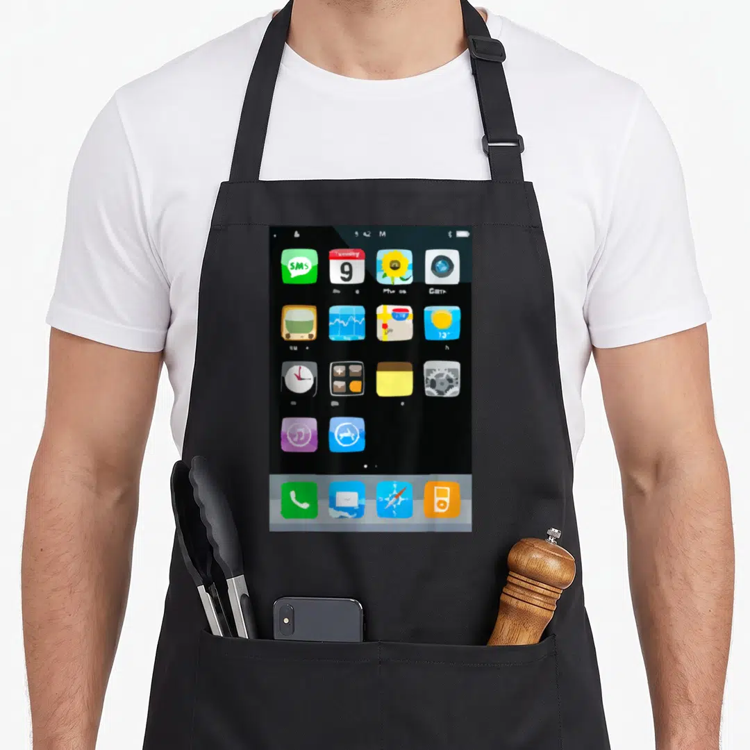 Cell halloween white apron - Smartphone screen grid with SMS, Tuesday, 9, Phone, Cat, 13° icons on black background — shown on a black cotton canvas apron against a white background