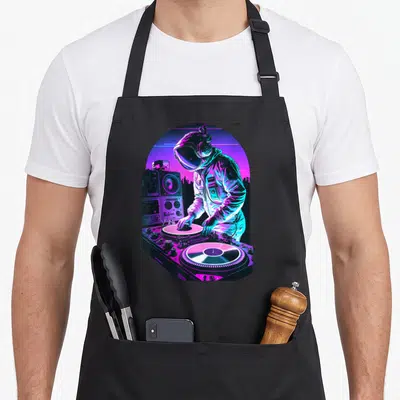Astronaut djing life apron - Cartoon astronaut DJing with turntables against purple blue neon city in arch — shown on a black cotton canvas apron against a white background