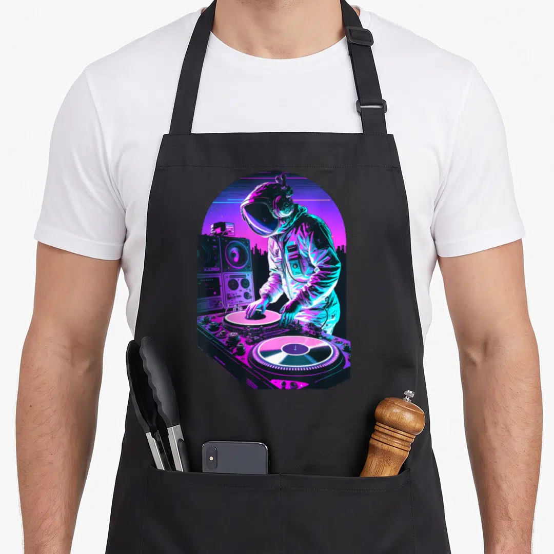 Astronaut djing life apron - Cartoon astronaut DJing with turntables against purple blue neon city in arch — shown on a black cotton canvas apron against a white background