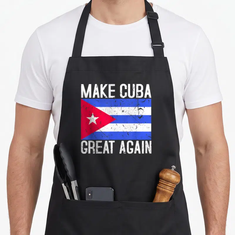 Flag cuban boy apron - Distressed Cuban flag with Make Cuba Great Again text in blue white red — shown on a black cotton canvas apron against a white background