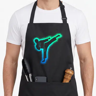 Taekwondo karate apron - Blue and green spray paint silhouette of a martial artist high kick — shown on a black cotton canvas apron against a white background