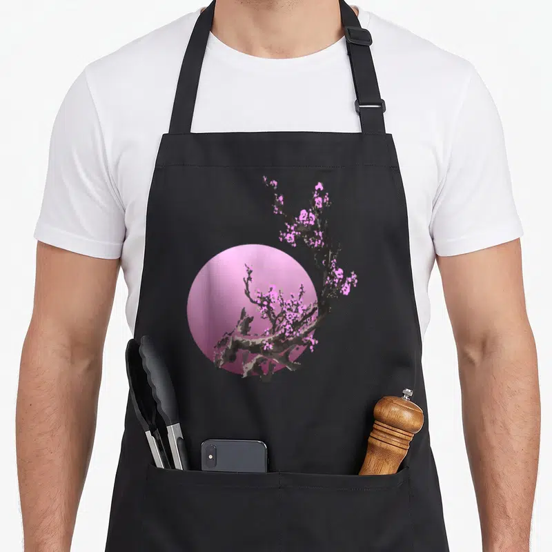 Rosa cherry print apron - Grey branch with pink blossoms overlapping a large pink circle on a grey background — shown on a black cotton canvas apron against a white background