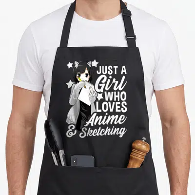 Drawing anime apron - Anime girl holding sketchbook and pencil with text Just A Girl Who Loves Anime and Sketching — shown on a black cotton canvas apron against a white background