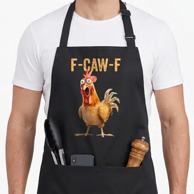 Meme rooster apron - F-CAW-F text above a wide-eyed cartoon rooster with red comb and orange feathers — shown on a black cotton canvas apron against a white background