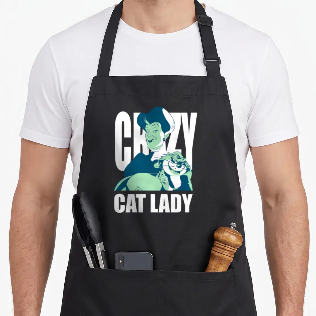 Lucifer crazy cat lady apron - Teal and white cartoon woman holding a cat with CRAZY CAT LADY text — shown on a black cotton canvas apron against a white background