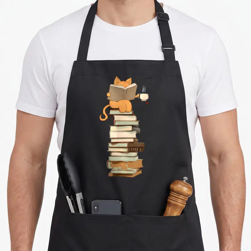 Librarian cat apron - Orange cartoon cat sitting on stacked books holding open book and teacup — shown on a black cotton canvas apron against a white background