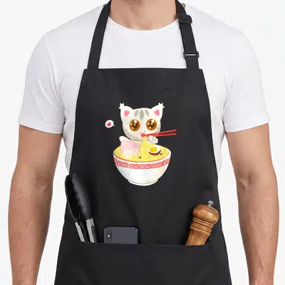 Clothe korean apron - Cartoon cat with star eyes eating ramen from a white bowl with red rim using red chopsticks, pink — shown on a black cotton canvas apron against a white background