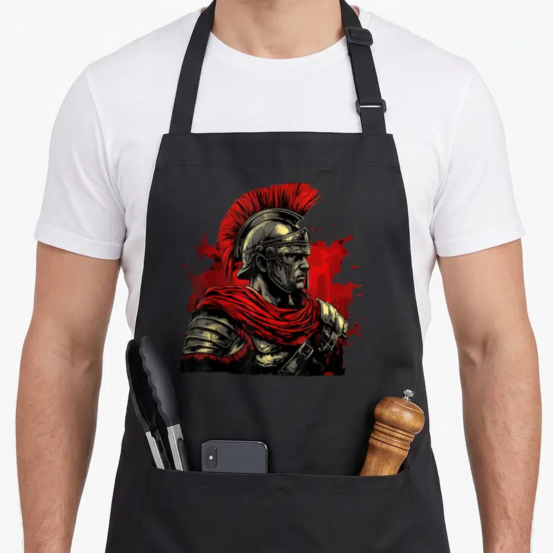 Rome military apron - Realistic Roman soldier portrait with red crest and armor on red splatter background — shown on a black cotton canvas apron against a white background