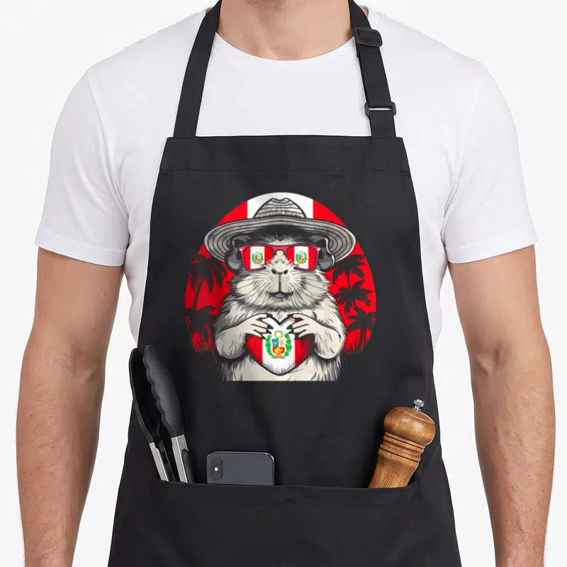Guinea pride apron - Realistic guinea pig in hat and sunglasses holding a Peruvian flag heart against red background — shown on a black cotton canvas apron against a white background