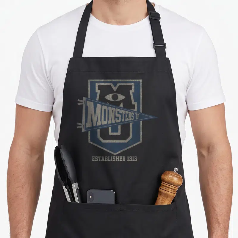 University collegiate aprons - Blue crest with eye and Monsters U pennant printed in distressed style — shown on a black cotton canvas apron against a white background