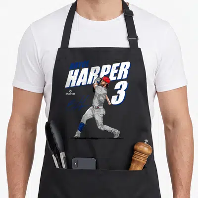 Harper philadelphia apron - Realistic Bryce Harper batting with name, number 3, and blue signature on grey background — shown on a black cotton canvas apron against a white background