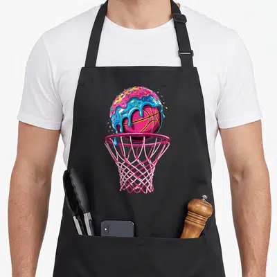 Drip sprinkle ice cream apron - Pink basketball with blue frosting and sprinkles inside a pink hoop — shown on a black cotton canvas apron against a white background