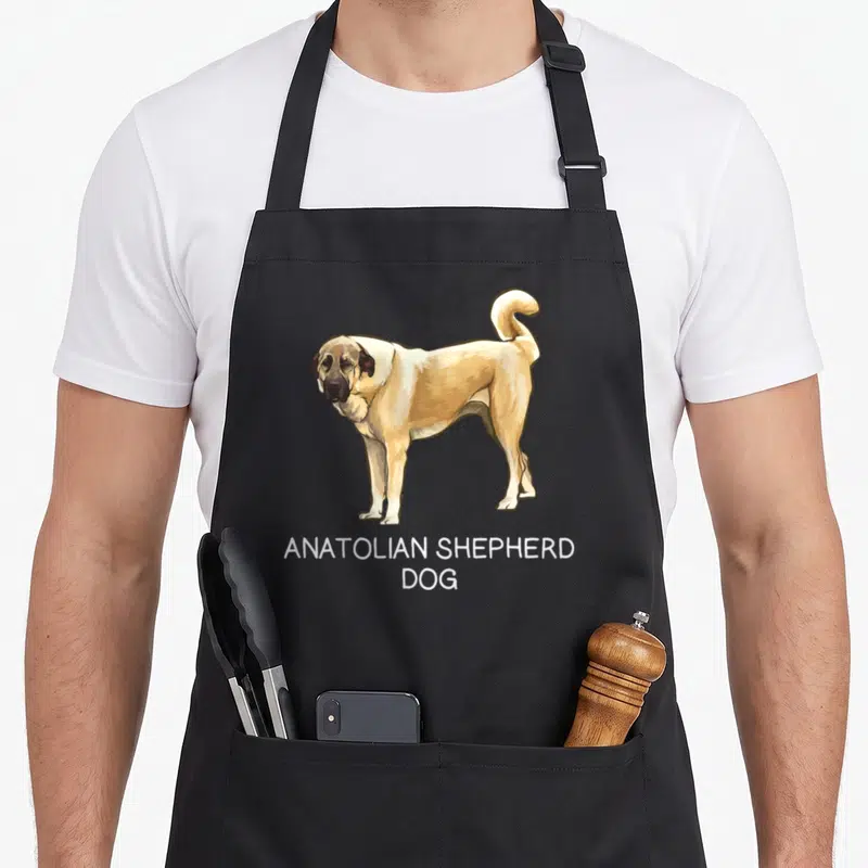 Anatolian cooking with dog apron - Realistic tan and white Anatolian Shepherd standing with stacked white text reading — shown on a black cotton canvas apron against a white background
