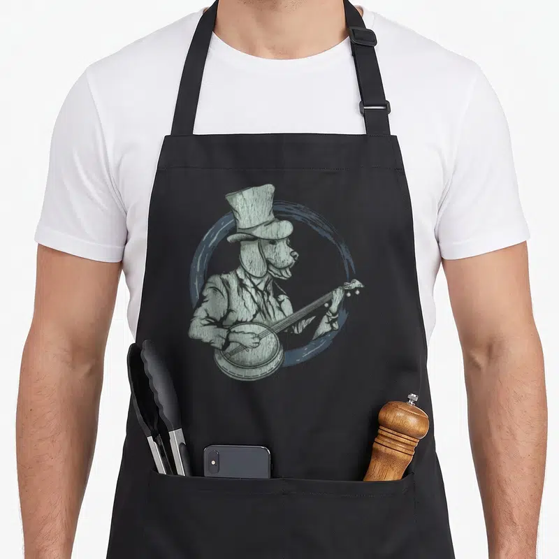 Bluegrass dog apron - Line-art dog in top hat playing banjo inside distressed circle, muted green and blue-grey — shown on a black cotton canvas apron against a white background