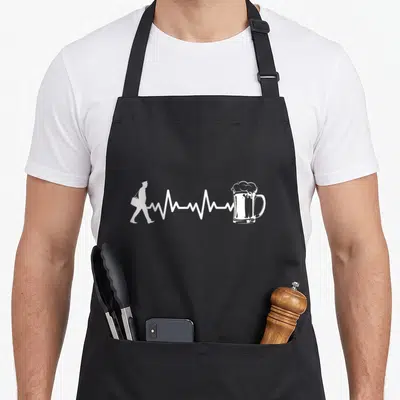 Postman courier apron - White walking man silhouette connected to beer mug by heartbeat line — shown on a black cotton canvas apron against a white background
