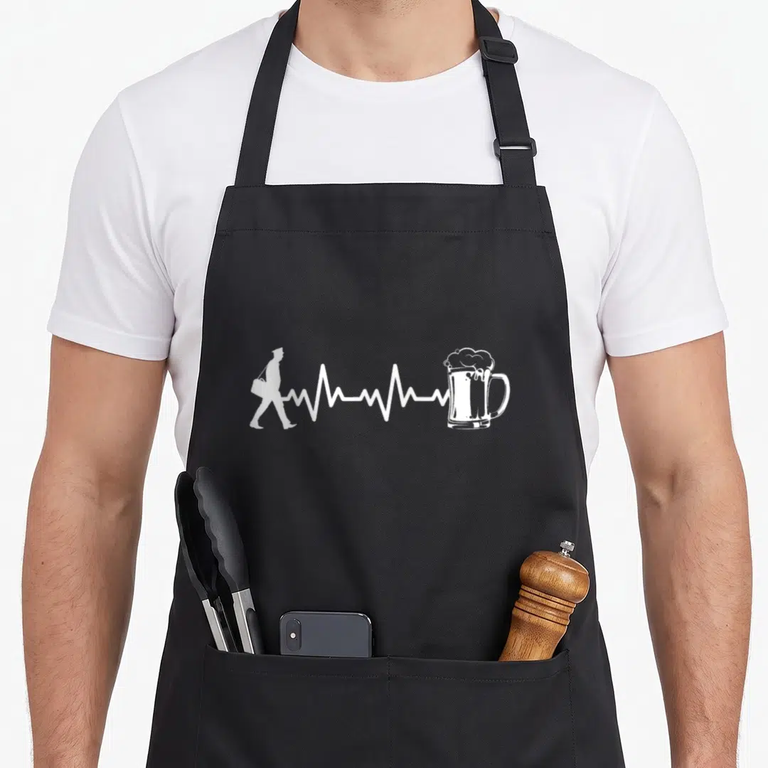 Postman courier apron - White walking man silhouette connected to beer mug by heartbeat line — shown on a black cotton canvas apron against a white background