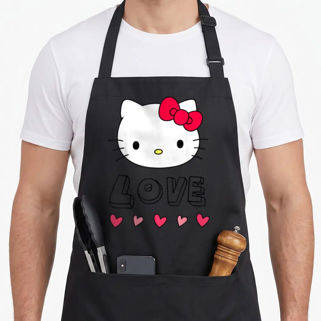 Valentine apron for dad - Hello Kitty head, blocky LOVE text, and five pink hearts on grey background — shown on a black cotton canvas apron against a white background