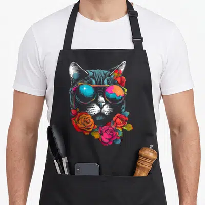 Artwork sunglass cat apron - Grey cartoon cat head wearing colorful sunglasses surrounded by red and pink roses — shown on a black cotton canvas apron against a white background