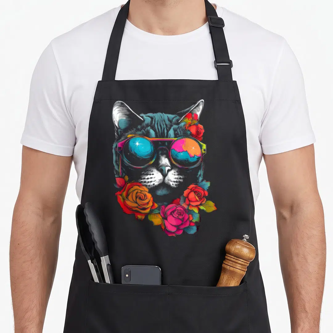 Artwork sunglass cat apron - Grey cartoon cat head wearing colorful sunglasses surrounded by red and pink roses — shown on a black cotton canvas apron against a white background