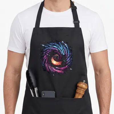 Hole physicist apron - Swirling spiral galaxy in purple blue orange watercolor with scattered stars and planets — shown on a black cotton canvas apron against a white background