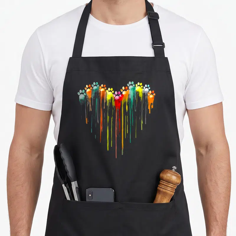 Colorful paw print apron - Rainbow paw prints forming a heart with vertical watercolor drips in red, orange, yellow — shown on a black cotton canvas apron against a white background