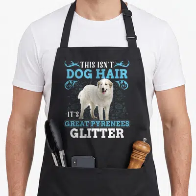 Hair pyrenee dog apron - White Great Pyrenees photo with blue swirls and text reading This Isn't Dog Hair Its Great — shown on a black cotton canvas apron against a white background