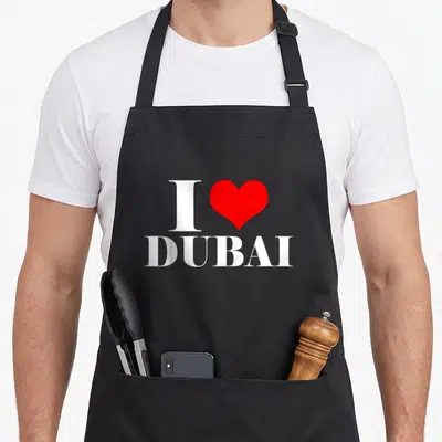 Funny dubai arab apron - White I and red heart symbol above white DUBAI text on black fabric — shown on a black cotton canvas apron against a white background