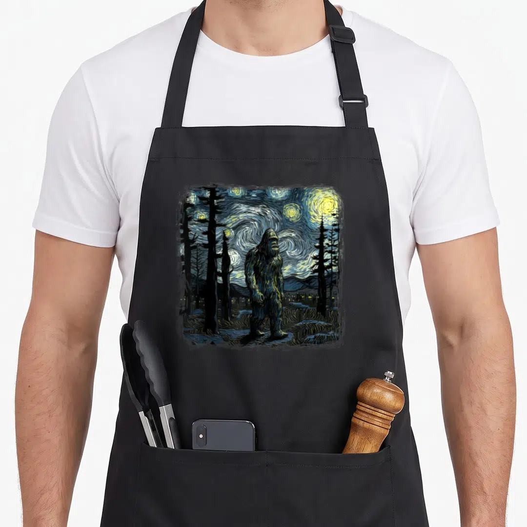 Starry bigfoot apron - Bigfoot silhouette under swirling blue and yellow starry sky in forest setting — shown on a black cotton canvas apron against a white background