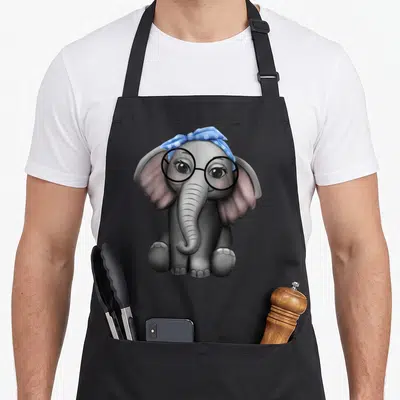 Elephant nerd apron - Cartoon grey elephant wearing black glasses and blue polka dot headband — shown on a black cotton canvas apron against a white background