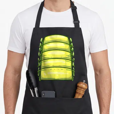 Alligator belly halloween apron - Cartoon yellow hay bale with green leaves sprouting from sides in simple illustration — shown on a black cotton canvas apron against a white background