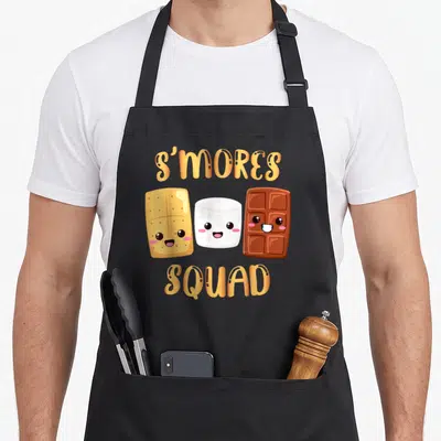 Squad camping apron - Cartoon graham cracker, marshmallow, and chocolate bar with smiling faces and orange text — shown on a black cotton canvas apron against a white background