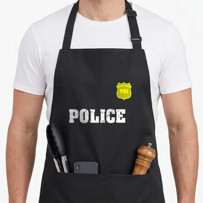 Officer halloween apron - Yellow badge with JR.OFFICER 781 and white POLICE text on canvas — shown on a black cotton canvas apron against a white background