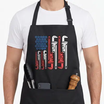 Pipe 4th of july apron - Blue nuts and red white pipe wrenches forming a cartoon American flag pattern — shown on a black cotton canvas apron against a white background
