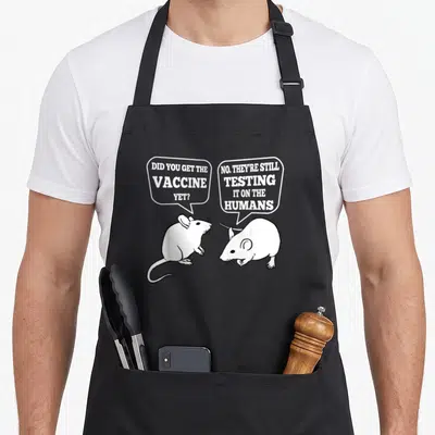 Vaccine rat lady apron - Two white cartoon mice with speech bubbles saying Did You Get The Vaccine Yet — shown on a black cotton canvas apron against a white background