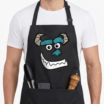 Sulley face apron - Cartoon monster face with blue horns, grey skin, and white grinning teeth — shown on a black cotton canvas apron against a white background