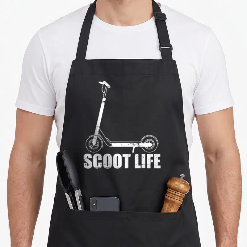 Kick rider scooter apron - White distressed electric scooter silhouette above bold SCOOT LIFE text on canvas fabric — shown on a black cotton canvas apron against a white background
