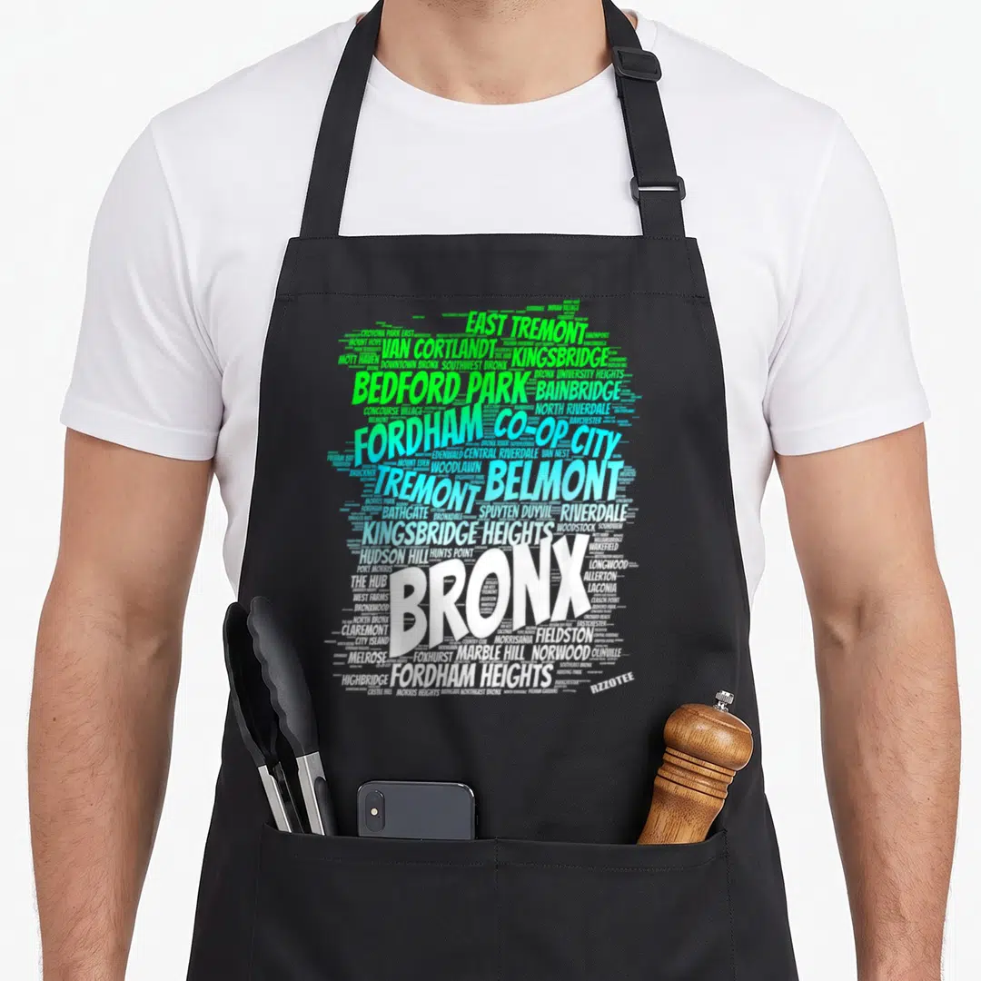 Zoo new york apron - Bronx word cloud in white green and blue neighborhood names — shown on a black cotton canvas apron against a white background