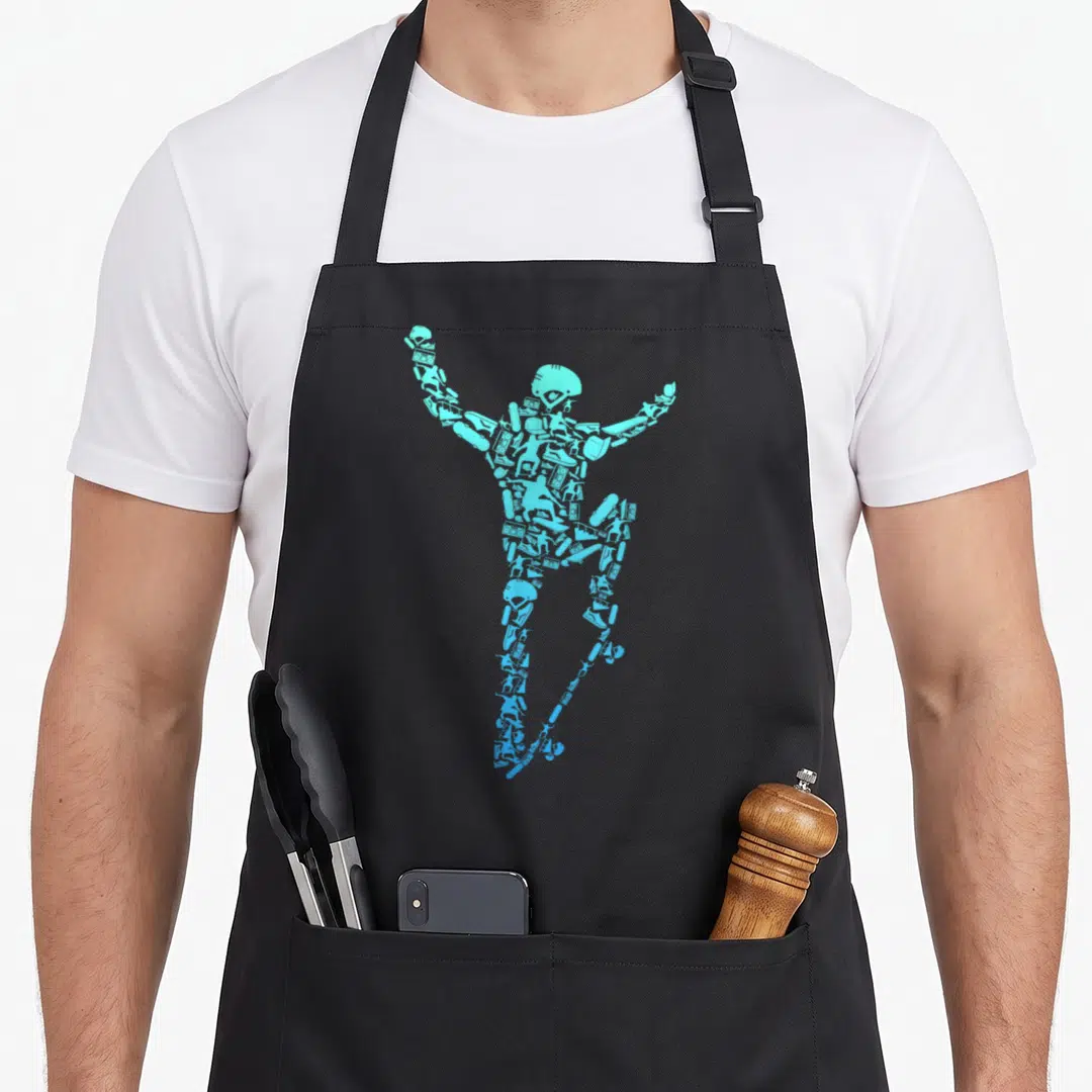 Stunt skater apron - Cyan and blue silhouette of a person made of skateboards and boomboxes — shown on a black cotton canvas apron against a white background