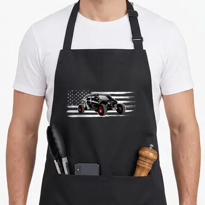 Utv american flag apron - Black UTV with red rims on distressed white flag brushstrokes — shown on a black cotton canvas apron against a white background
