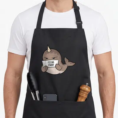 Feeling narwhal apron - Cartoon brown narwhal holding white paper sign reading FEELING STABBY — shown on a black cotton canvas apron against a white background