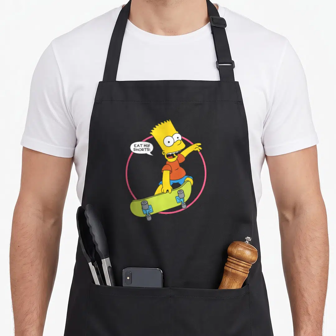 Bart funny cartoon apron - Bart Simpson riding a lime green skateboard inside a pink circle with speech bubble reading — shown on a black cotton canvas apron against a white background