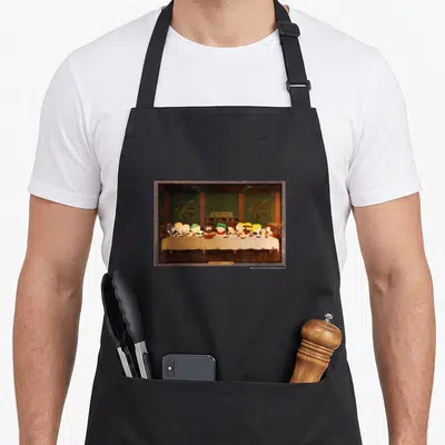 Supper south girl apron - Cartoon characters seated at long table in brown beige green ornate frame parody Last Supper — shown on a black cotton canvas apron against a white background