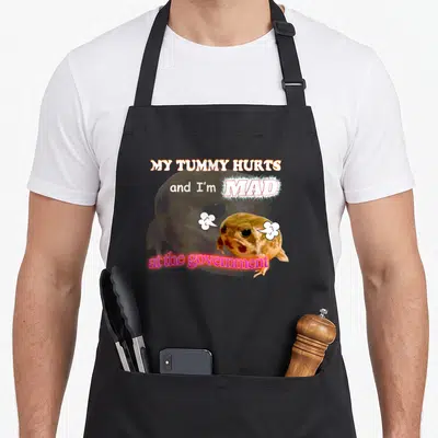 Tummy meme apron - Brown frog with steam clouds and text MY TUMMY HURTS, and I'm MAD, at the government — shown on a black cotton canvas apron against a white background
