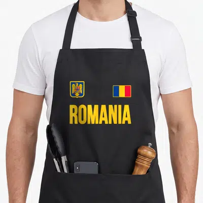 Souvenir romanian apron - Coat of arms and blue yellow red flag above yellow Romania text — shown on a black cotton canvas apron against a white background