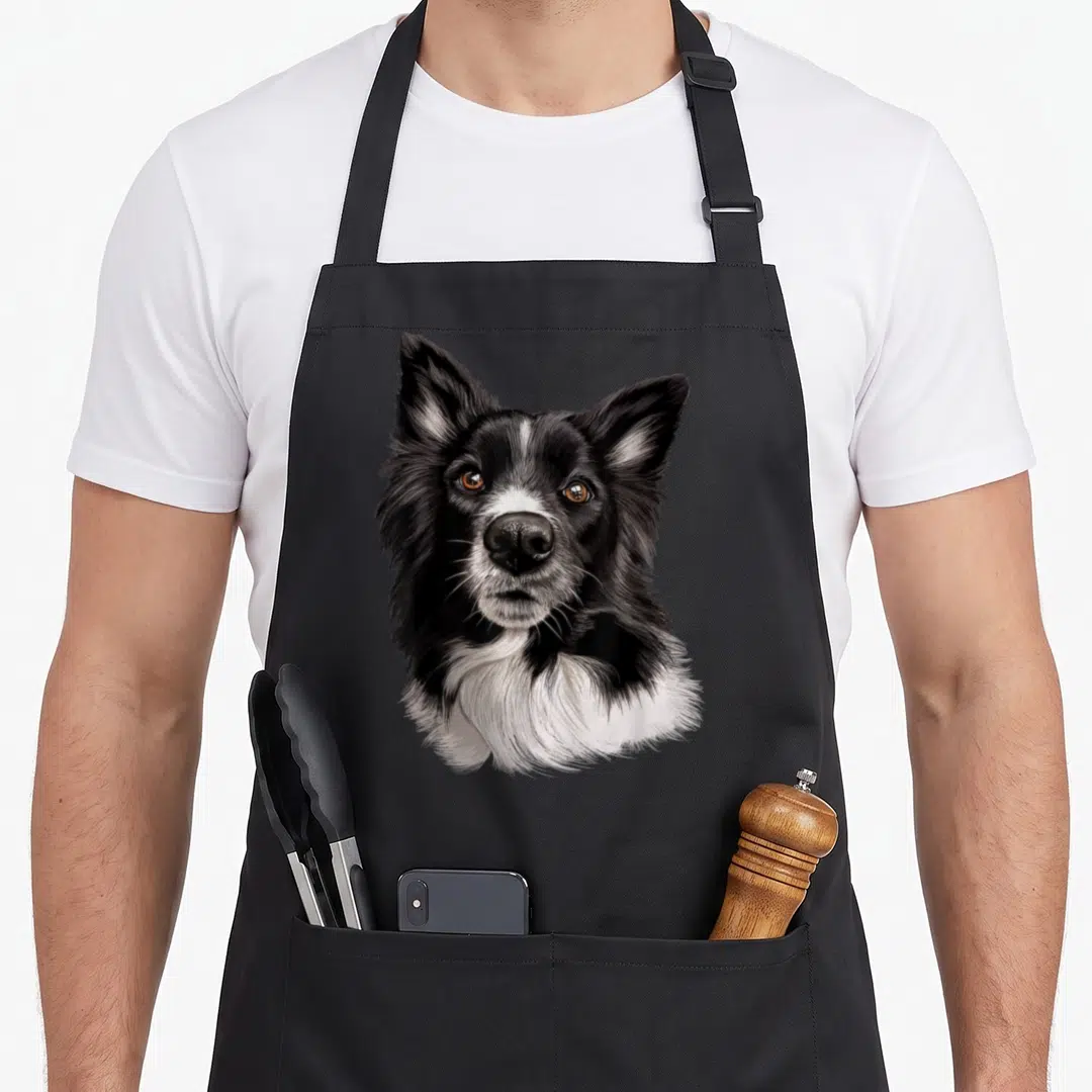 Vintage dog border collie apron - Realistic portrait of a dog head and chest in black white and brown fur — shown on a black cotton canvas apron against a white background