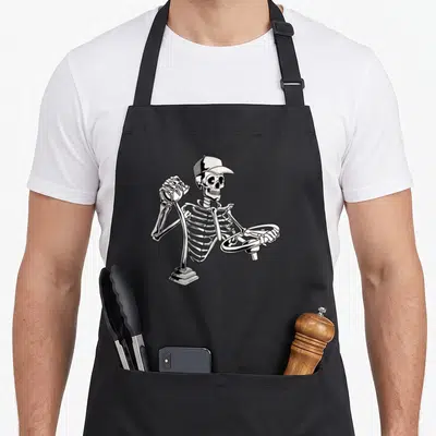 Skeleton truck apron - Line art of a skeleton wearing a cap and holding a steering wheel in black and white — shown on a black cotton canvas apron against a white background