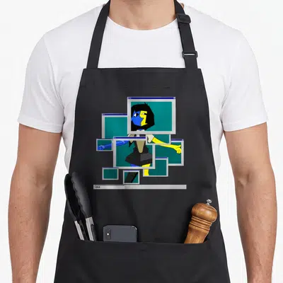 Ena pop apron - Pixel character Ena inside overlapping grey windows with blue yellow details and ENA taskbar — shown on a black cotton canvas apron against a white background