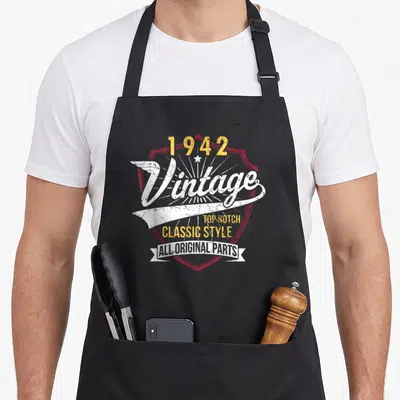 Decoration 80th birthday apron - Red shield with 1942 Vintage Top Notch Classic Style All Original Parts text — shown on a black cotton canvas apron against a white background