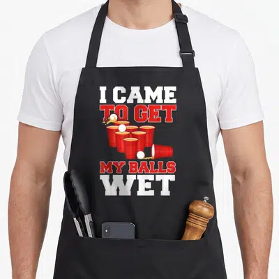 Ball wet beer pong apron - I CAME TO GET MY BALLS WET text with red cups and white balls — shown on a black cotton canvas apron against a white background